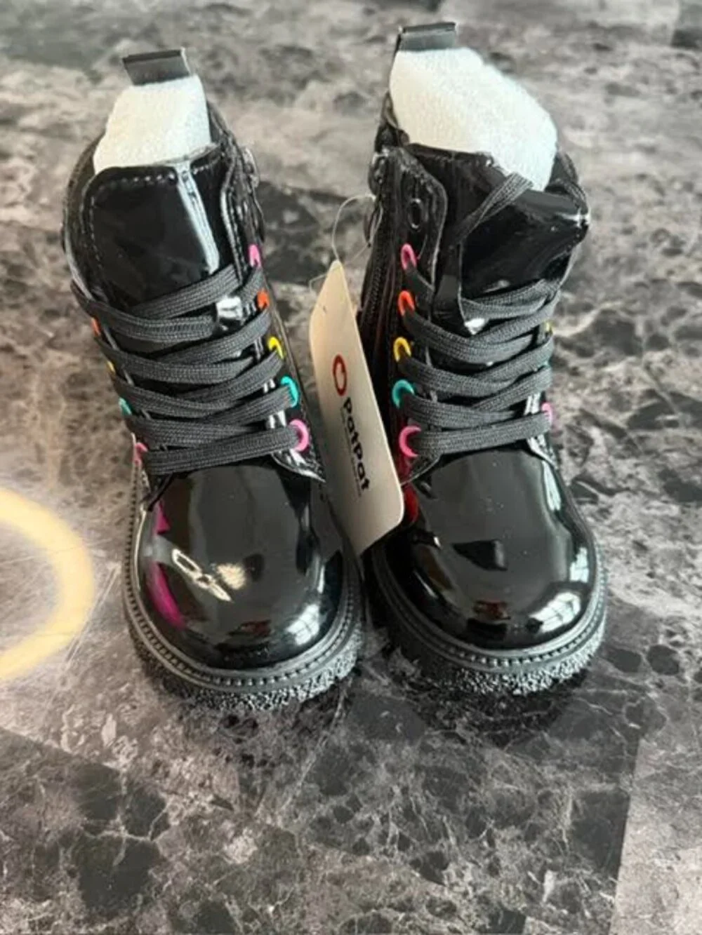 PatPat Girls Toddler Rainbow Combat Boots Black Patent Size 6.5 EU 22.5 NWT